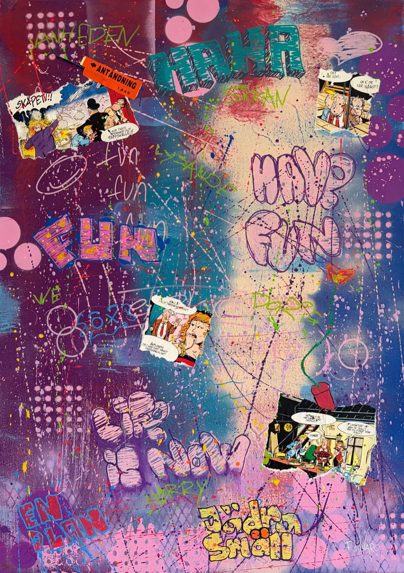 Big blast av Fabian Silvaro — handgjord pop art med Jönssonligan-serier från 1995, spray, tuschpennor och paketetiketter, 50 × 70 cm.