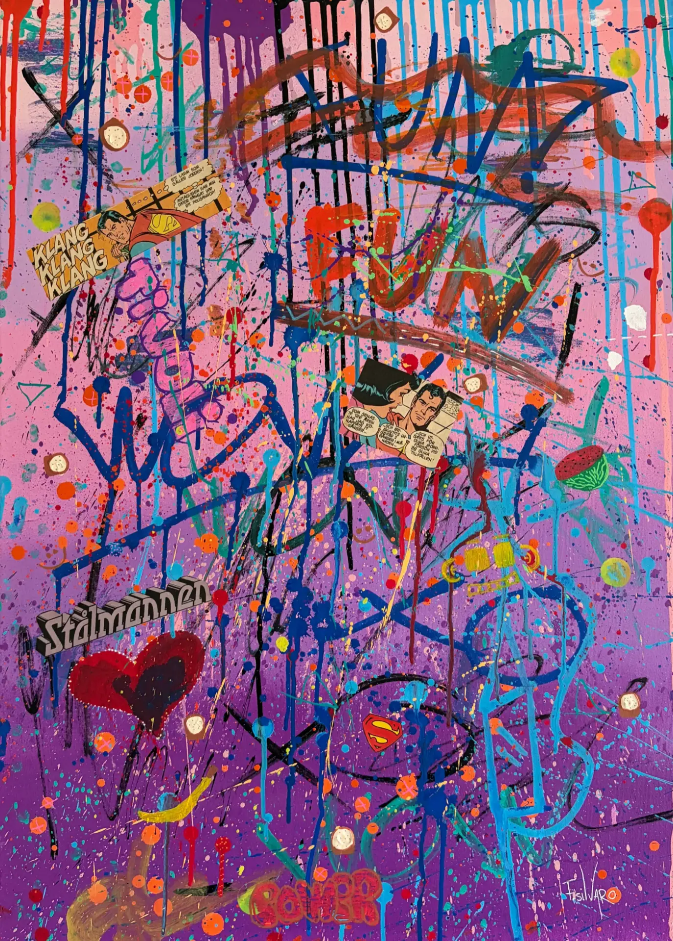 Tivoli madness av Fabian Silvaro — handgjord pop art med Superman-serier från 1980, spray, tuschpennor och akryl, 50 × 70 cm.