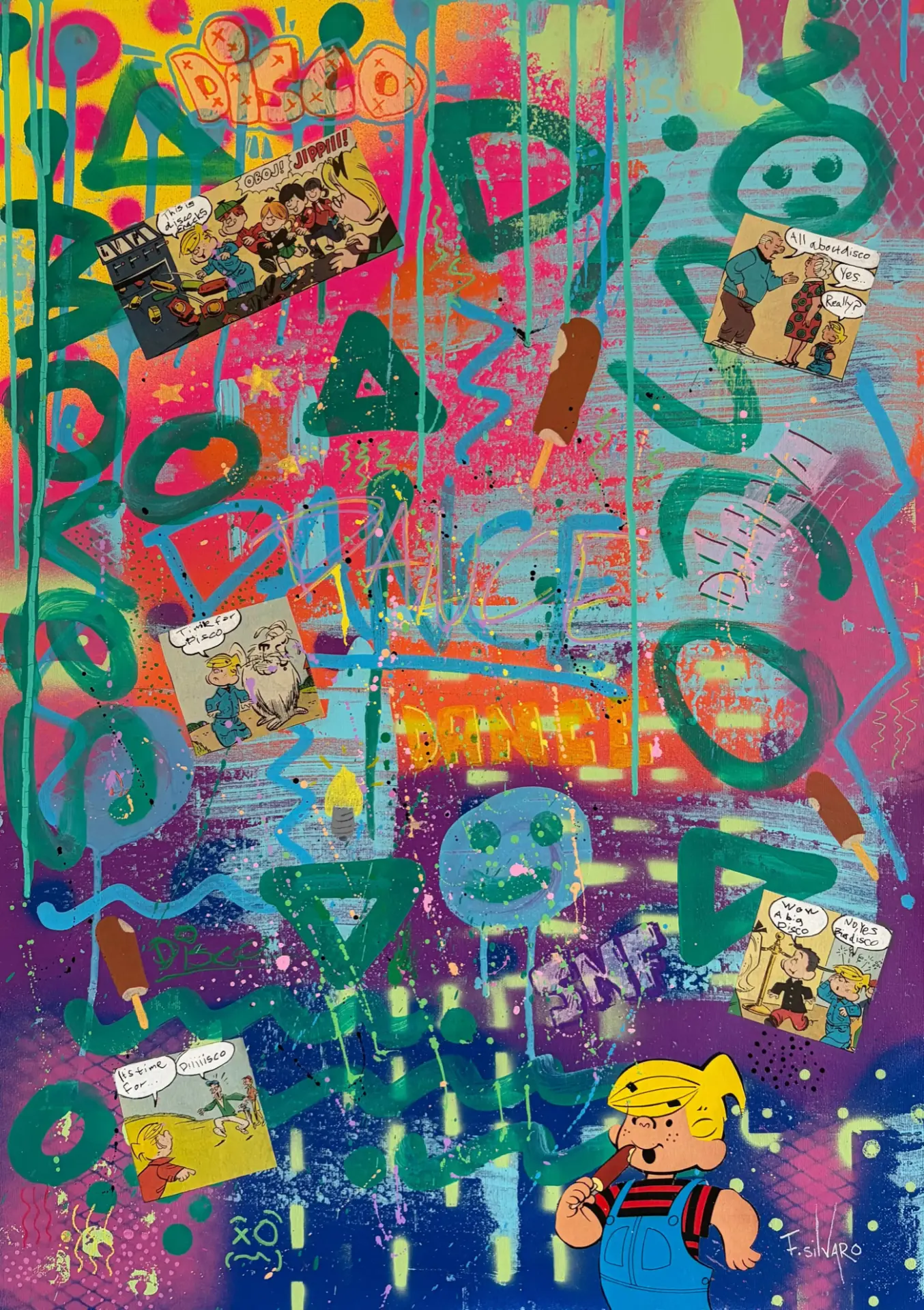 80s calling av Fabian Silvaro — handgjord pop art med Dennis-serier från 1993, spray, tuschpennor och akryl, 50 × 70 cm.