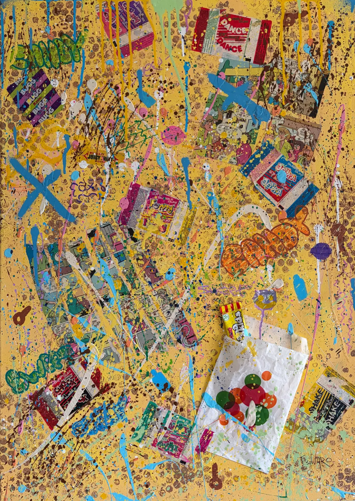 Funky candy years av Fabian Silvaro — handgjord pop art med Scooby Doo-serier från 1976, spray, akryl, tuschpennor och vintagegodispapper, 50 × 70 cm.