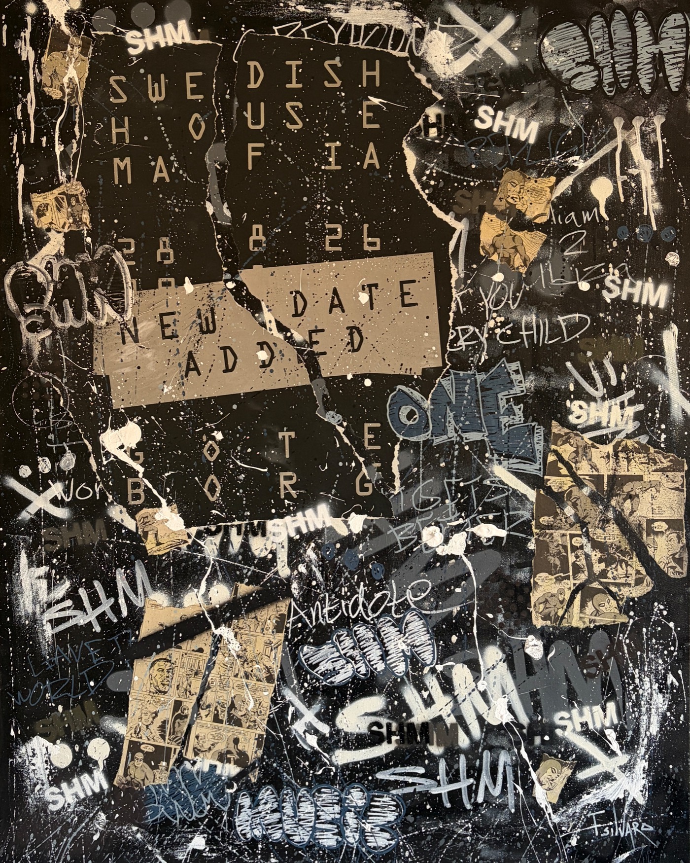 Memories On The Wall av Fabian Silvaro — handgjord mixed media-målning med spray, akryl, tuschpennor, handskurna schabloner, serier och konsertposter från Ullevi, 80 × 100 cm, 2026.