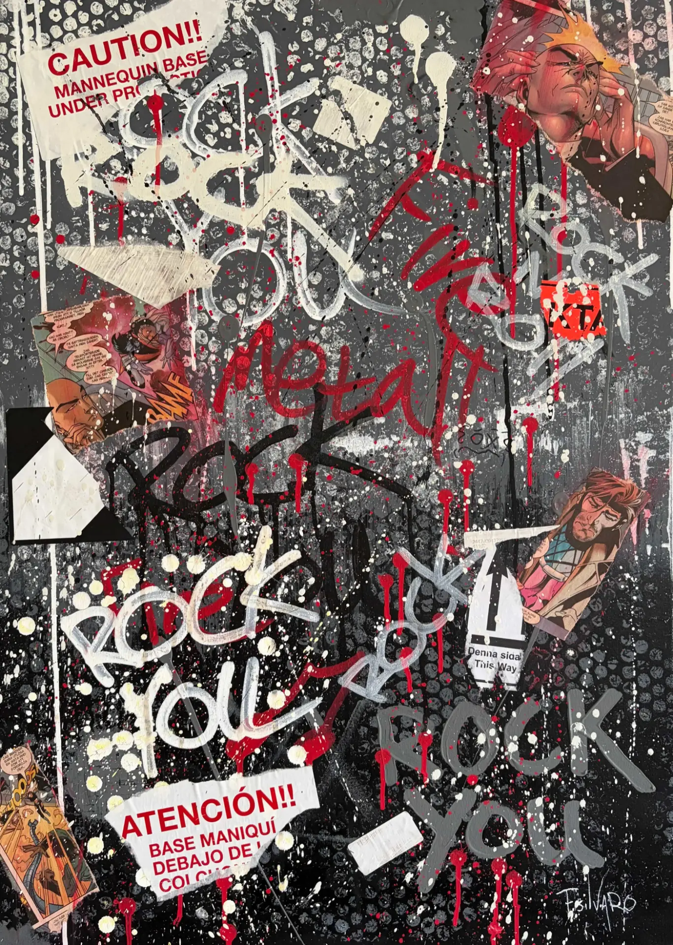 Rock you av Fabian Silvaro — handgjord pop art med X-Men-serier från 2001, spray, tuschpennor, akryl och paketetiketter, 50 × 70 cm.