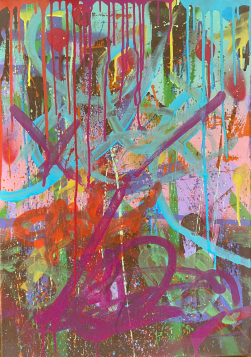 Music Smash av Fabian Silvaro — abstrakt målning i spray och tuschpennor med drippade lager i magenta, turkos och neon, 50 × 70 cm, 2021.