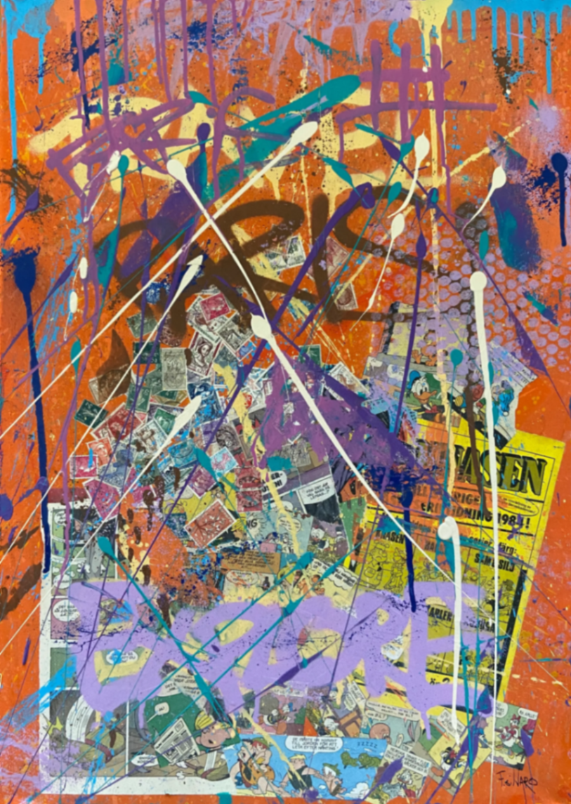 Visit France av Fabian Silvaro — mixed media-målning med spray, frimärken, serier och akryl, 50 × 70 cm, 2022.